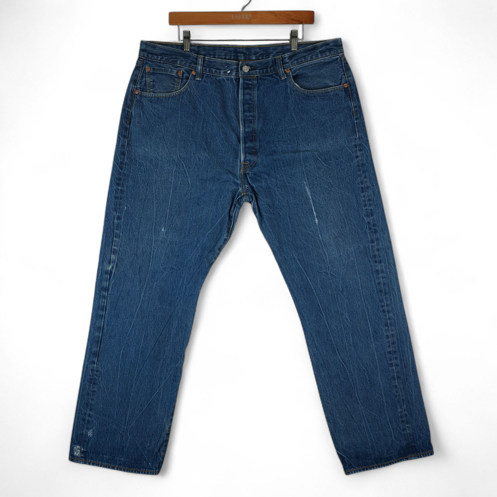 Levis 501 Jeans Mens 42x32 Blue Straight Leg Button Fly‎ Distressed Denim 2014